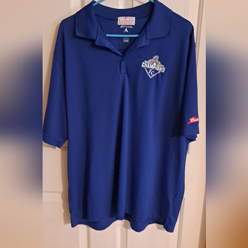 Antigua MLB KC  Royals Mens XL Blue Polo Shirt 2015 World Series Champions